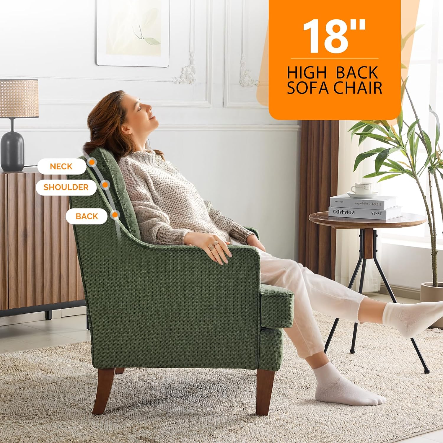 VINGLI Mid-Century Modern Accent Chair, Green Upholstered Armchair Comfy Sofa Chair Reading Chair High Back for Living Room Bedroom Furniture Apartment