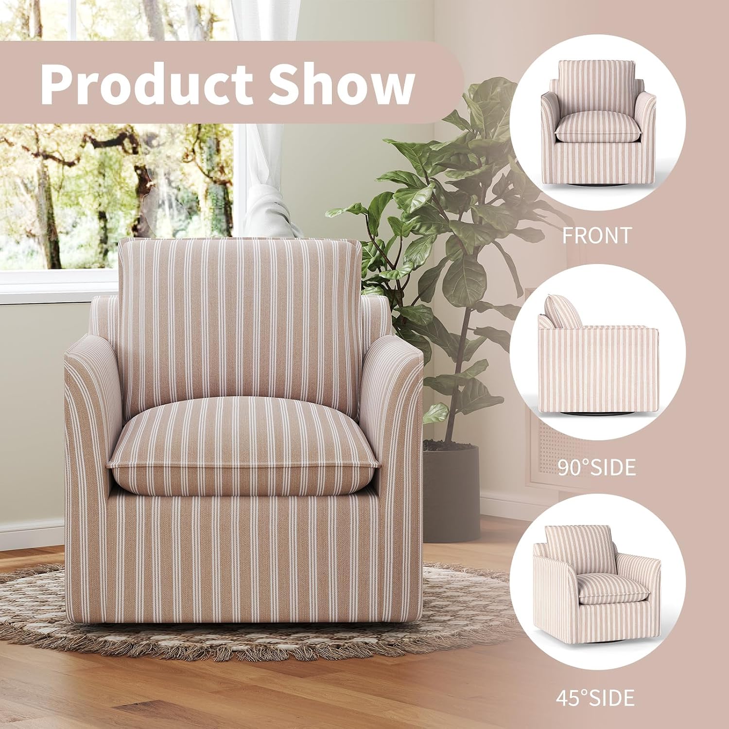 INZOY Swivel Accent Square Chair with Thick Padded Backrest Cushion, Swivel Reading Chair for Living Room Bedroom Small Spaces, Brown Stripe