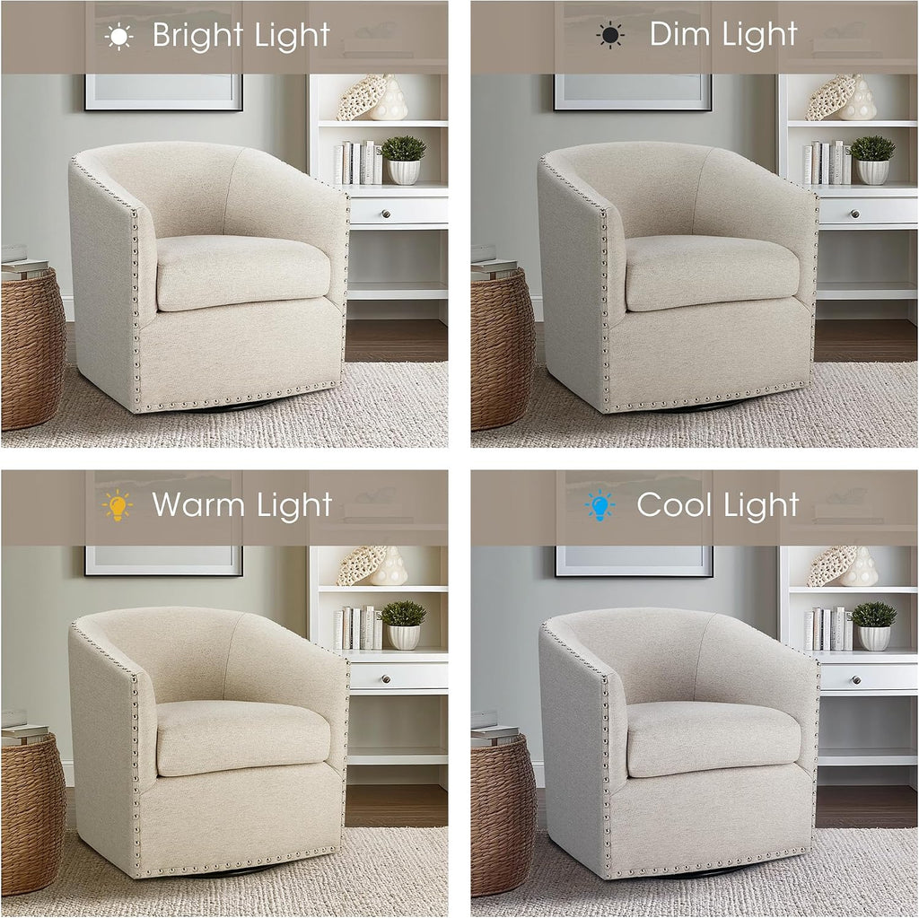 Madison Park Swivel Barrel Accent Chair, Upholstered Curved Back with 7-Inch Thick Woven Cushion, 360° Swivel, Nailhead Trim, Comfy Chair for Living Room, Bedroom, Office, 28' Wide, Neutral, Tyler