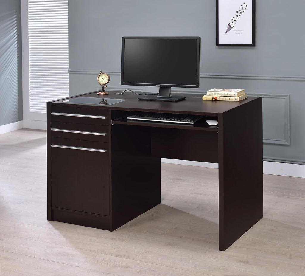 Coaster Home Furnishings - Halston - Engineered Wood - 47-Inch Computer Desk with Drawers, Door Cabinet & Lift-Top Storage, Tempered Glass Top, Contemporary Style - Home Office - Cappuccino - 800702