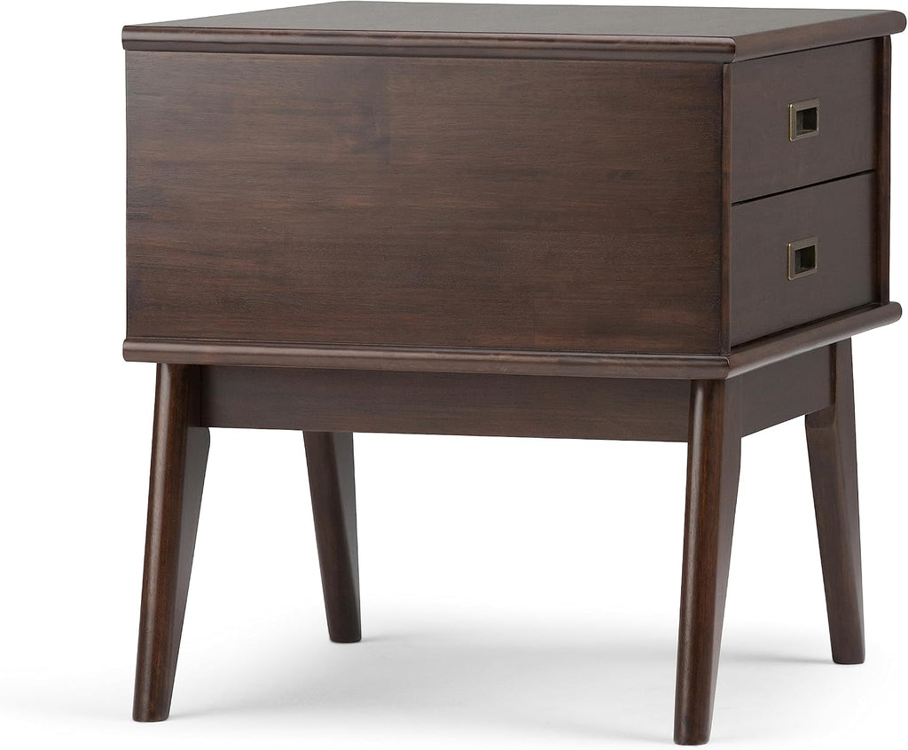 SIMPLIHOME Draper Side Table - 22 inch Wide Solid Hardwood Rectangular End Table with 2 Storage Drawers in Medium Auburn Brown, Mid-Century Modern Nightstand or Lamp Stand for Living Room or Bedroom
