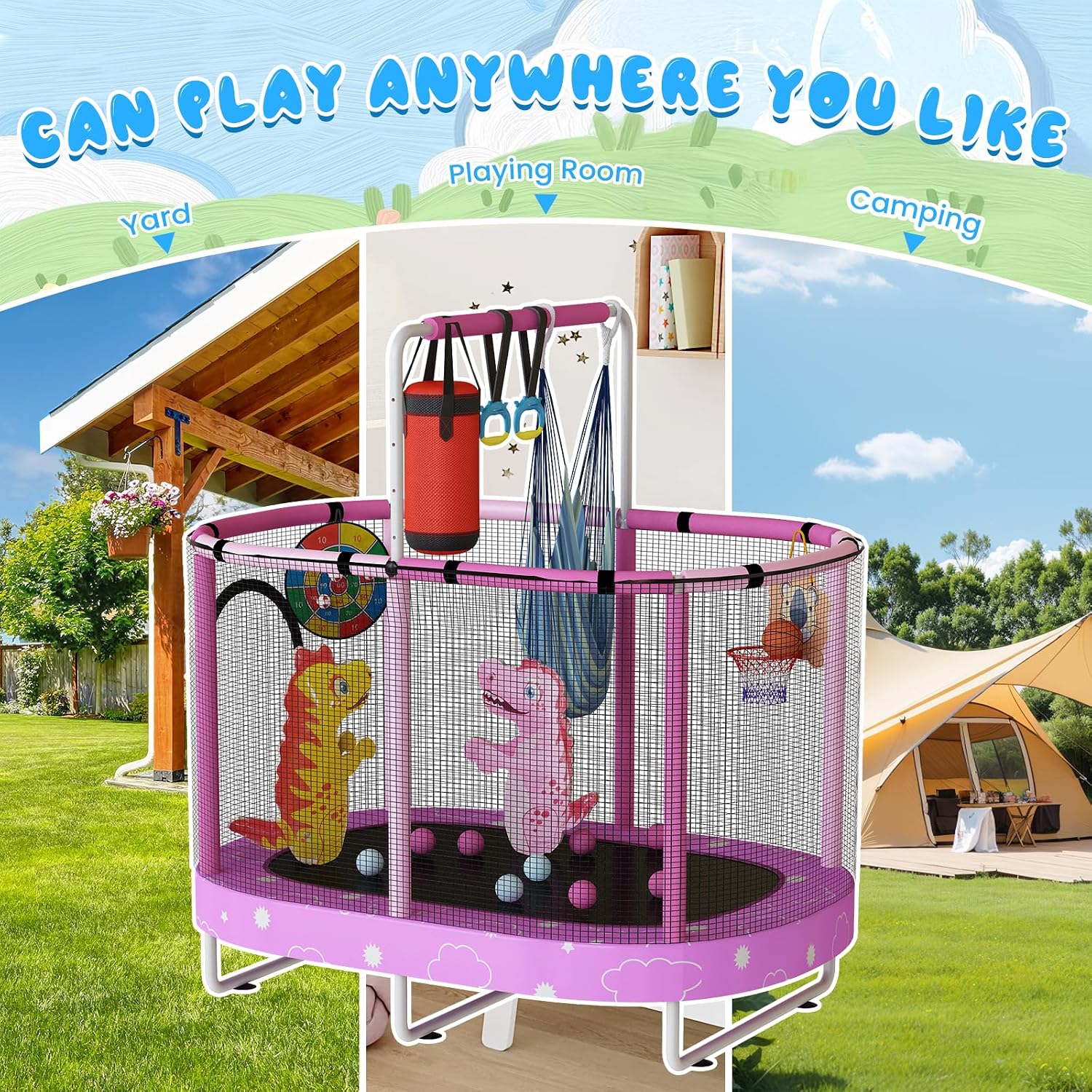 LAMERGE 55' 7-in-1 Round Trampoline for Kids Boys & Girls Ages 1-8, Indoor & Outdoor Trampoline for Fun, Adjustable Height Handrail ＆ Enclosed Safety Net ＆ Durable Designs for Toddlers Children