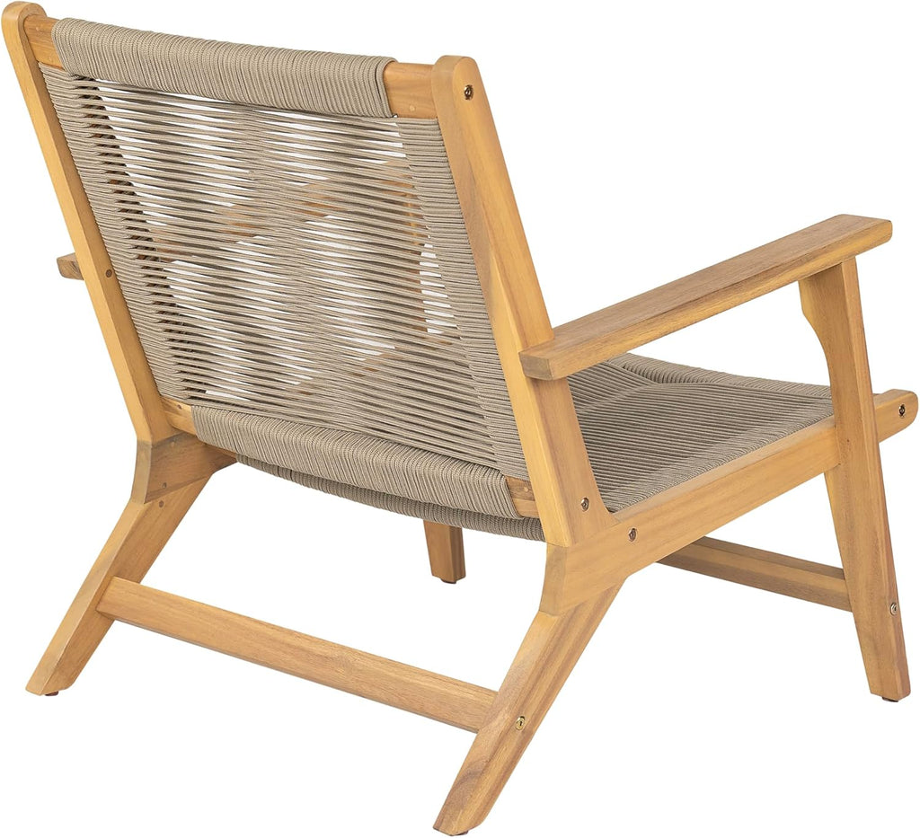 Christopher Knight Home Veera Patio Chair Set of 2 with Acacia Wood Frame and Handwoven Rope, Outdoor Lounge Chair, Stylish Outdoor Accent Chair for Garden/Deck/Backyard, Beige + Light Teak
