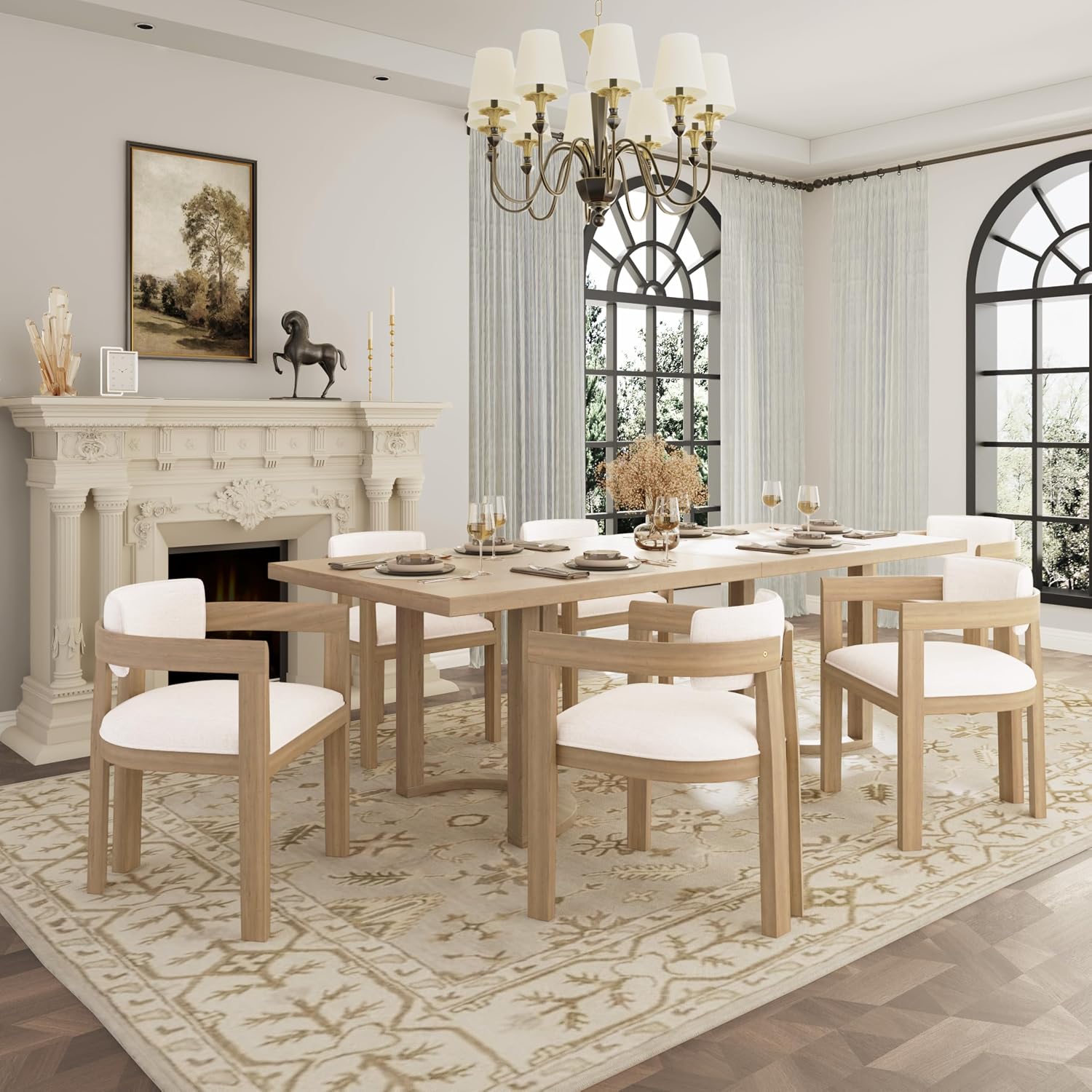 Christopher Knight Home Enat 7-Piece Wooden Dining Table Set for 6, Modern Kitchen Table and Chair Set for 6, Contemporary Dining Room Furniture Set with 6 Upholstered Armchairs, Natural Ash+Beige