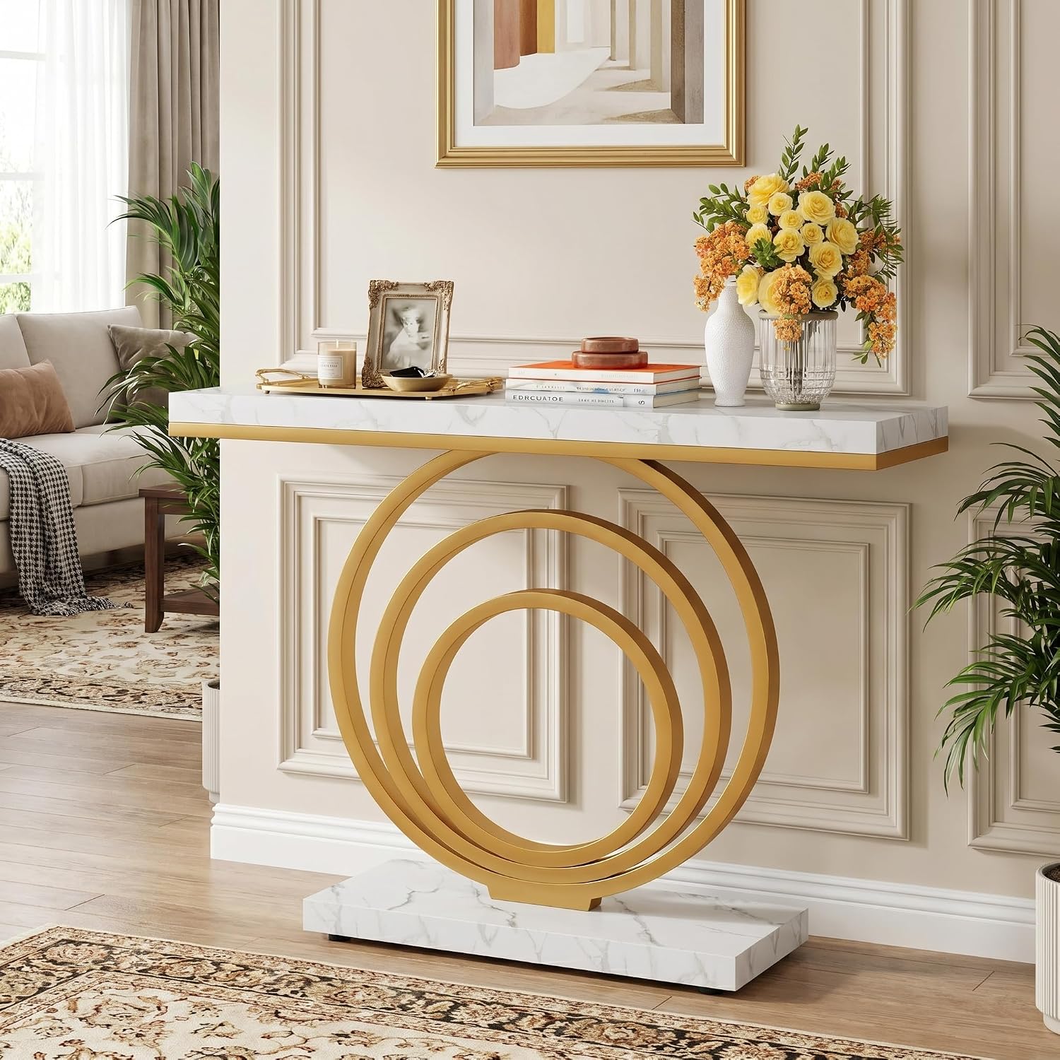 Tribesigns 41-Inch Gold Entryway Table, Modern Console Table Narrow Long, Contemporary Accent Table for Living Room, Hallway, Entrance, Faux Marble Veener Top