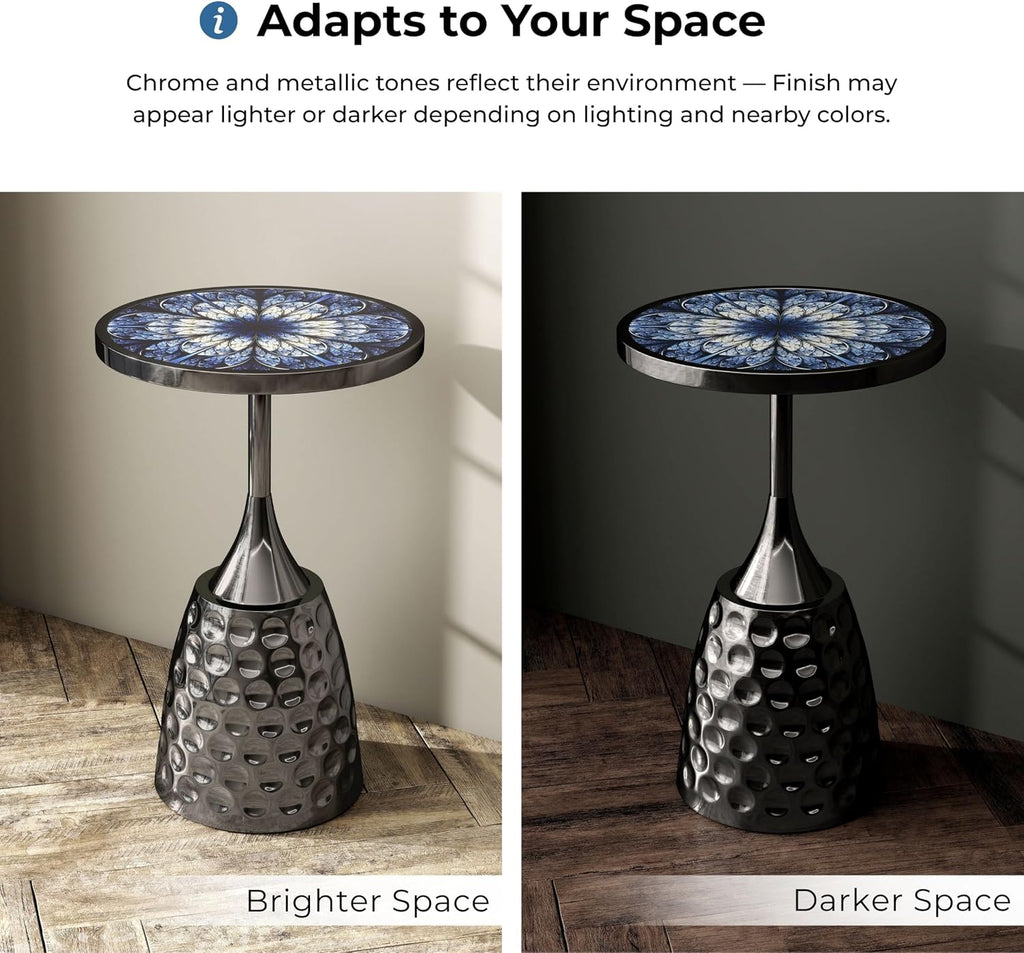 Homes: Inside + Out Halric Modern 24' Tall Round End Table with Printed Tabletop and Iron Metal Base, Accent Furniture, Pedestal Stand for Living Room, Home Office, Black with Geometric Floral