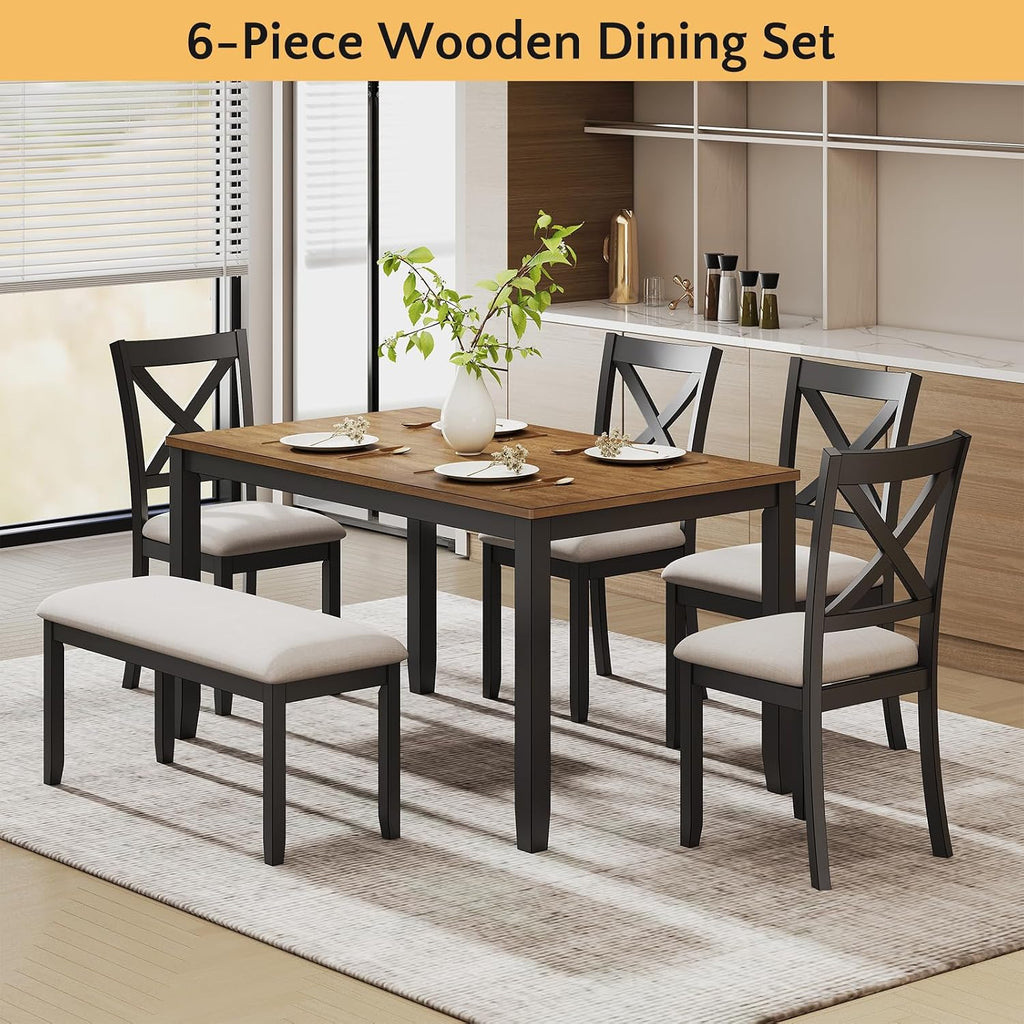 Zevemomo 6-Piece Solid Wood Dining Table Set, Including 1 Dining Table, 4 Upholstered Chairs and 1 Bench, Farmhouse Wooden Legs Dining Table Set for Living Room, Kitchen, Black