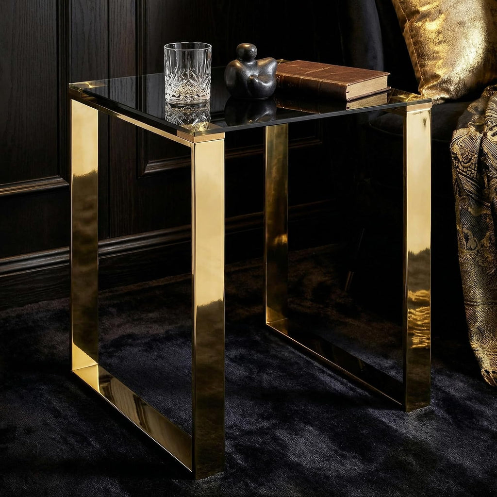 Cortesi Home CH-ET636045 Remini End Table, Gold Metal and Black Glass, End Table 18'