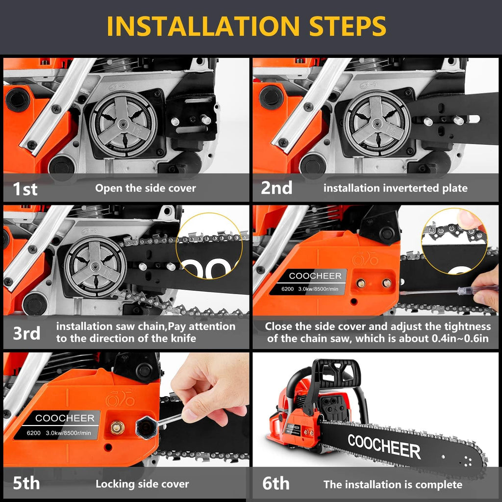 COOCHEER Gas Chainsaw 20 Inch 62CC Gasoline Powered Chain Saws 12000r/min 3.5HP 2 Stroke Cordless Gas Power Chain Saw for Tree Cutting Wood, Home Farm Garden Tools