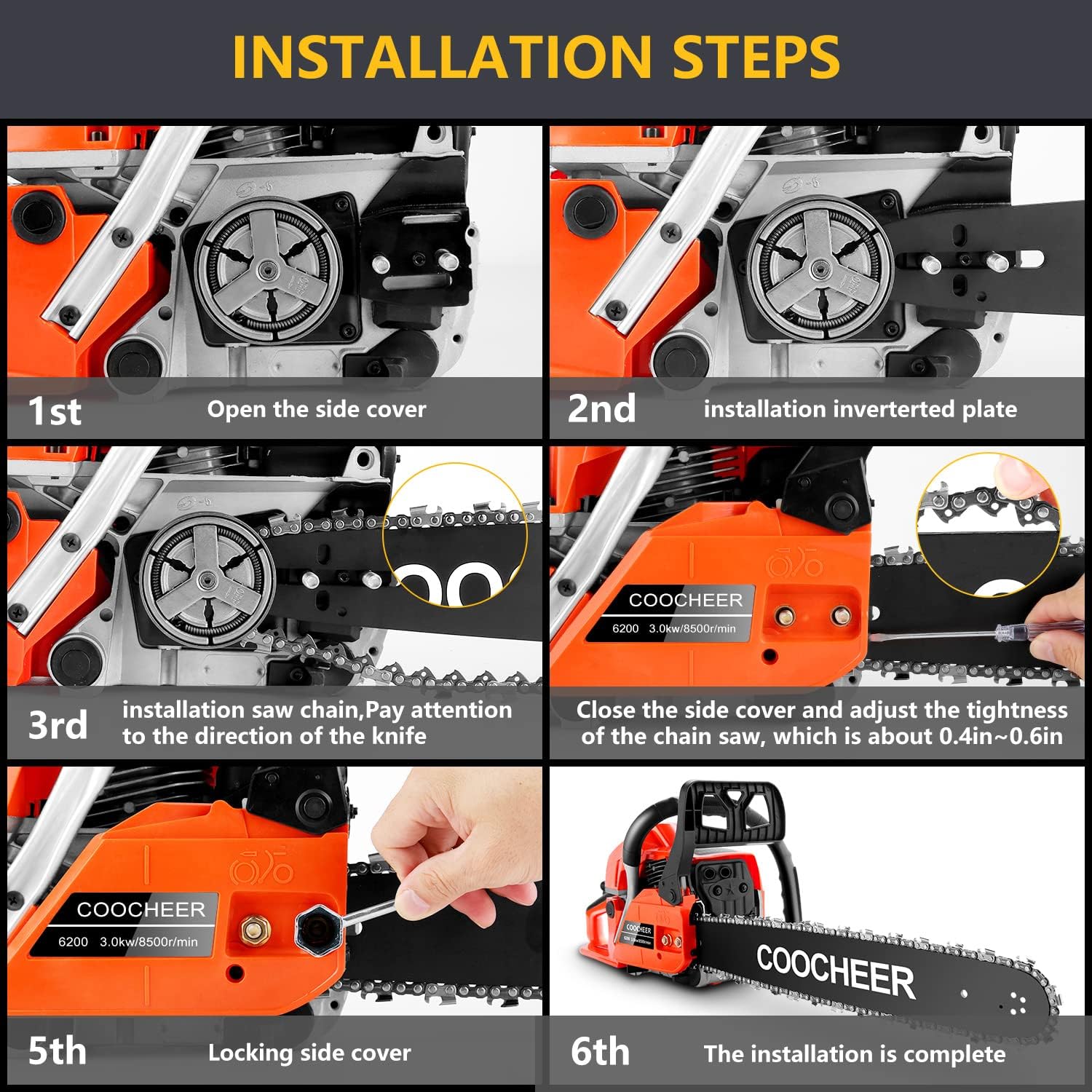COOCHEER Gas Chainsaw 20 Inch 62CC Gasoline Powered Chain Saws 12000r/min 3.5HP 2 Stroke Cordless Gas Power Chain Saw for Tree Cutting Wood, Home Farm Garden Tools