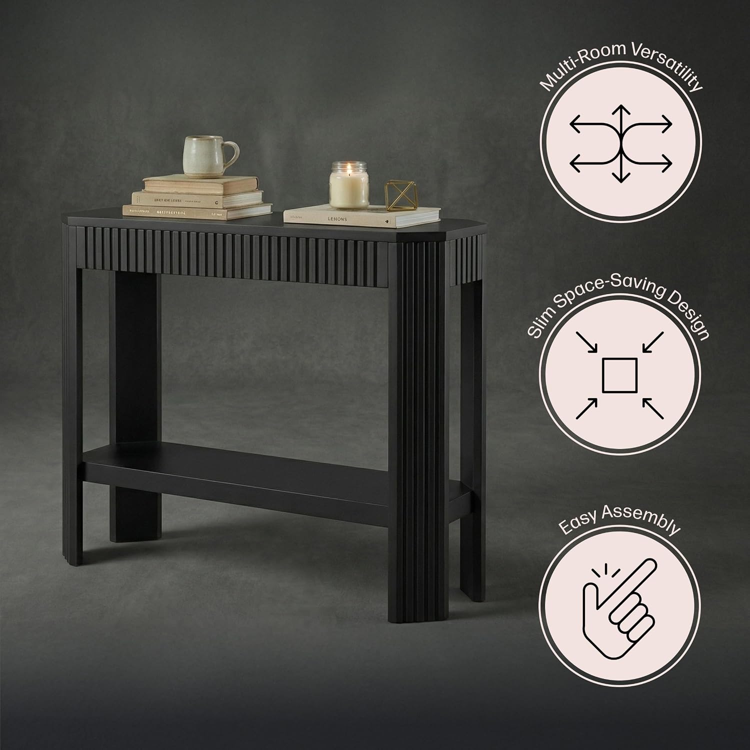 Alaterre Furniture Fluted Solid Wood Console Table - 36 Inch Modern Entryway Table with Storage Shelf - Easy Assembly Living Room Furniture for Behind the Couch, Entryway, or Hallway (Black)