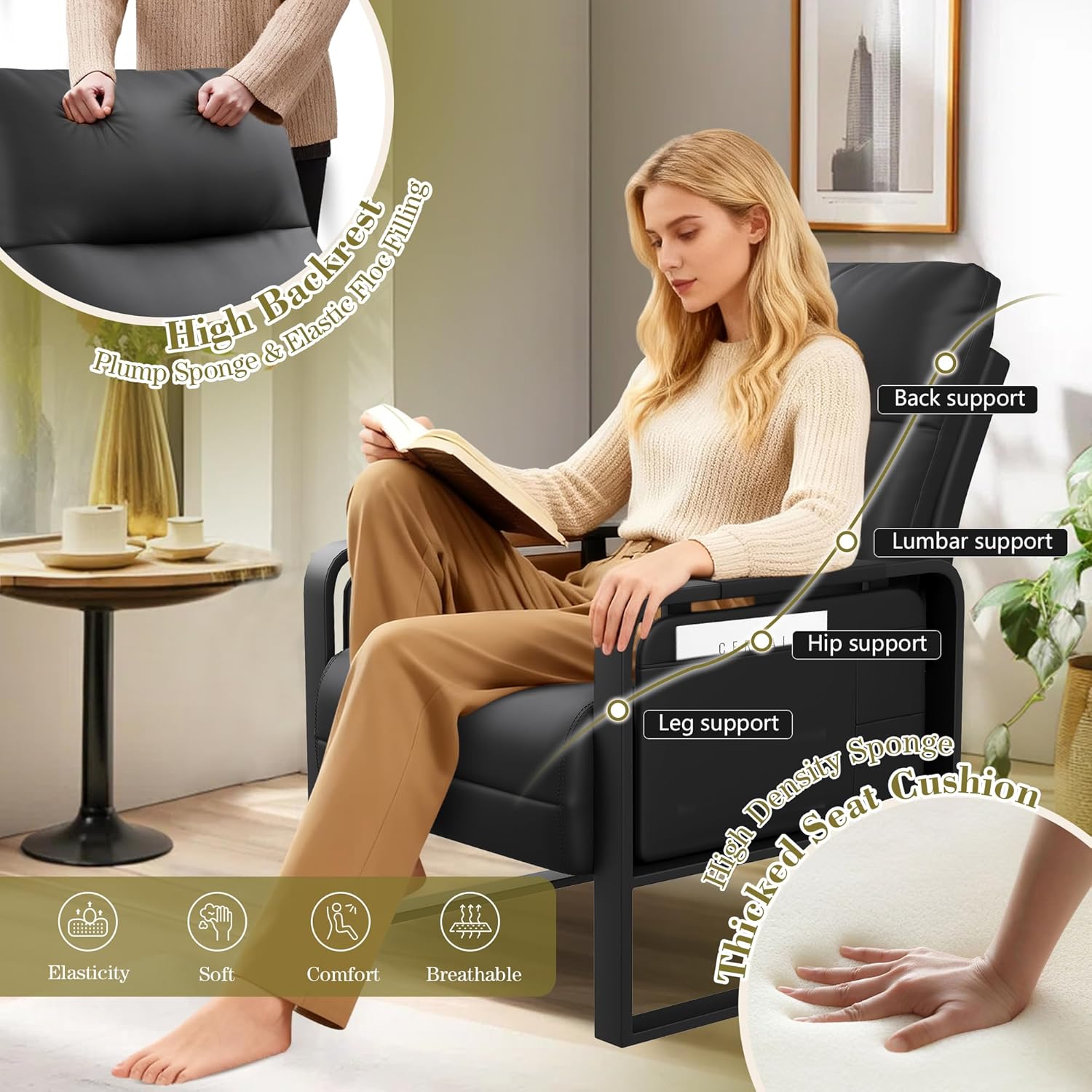 Modern Black Accent Chair PU Leather Upholstered Armchair with Foldable Side Table for Bedroom Living Room Chairs Office Chair