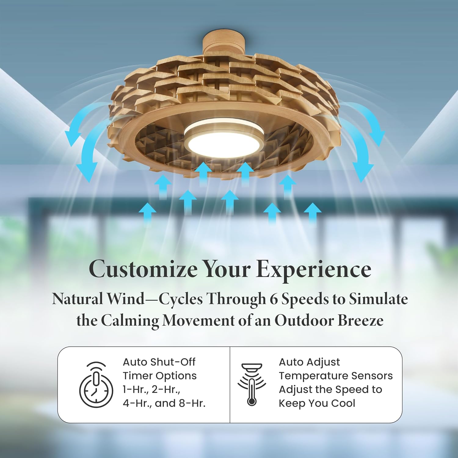 Bladeless Ceiling Fan with Lights & Remote – LUMIO 28' Low-Profile Downrod or Flush Mount Ceiling Fan with Lights for Bedroom & More – Dimmable LED, Night Light & Wi-Fi Connect, Faux Wood