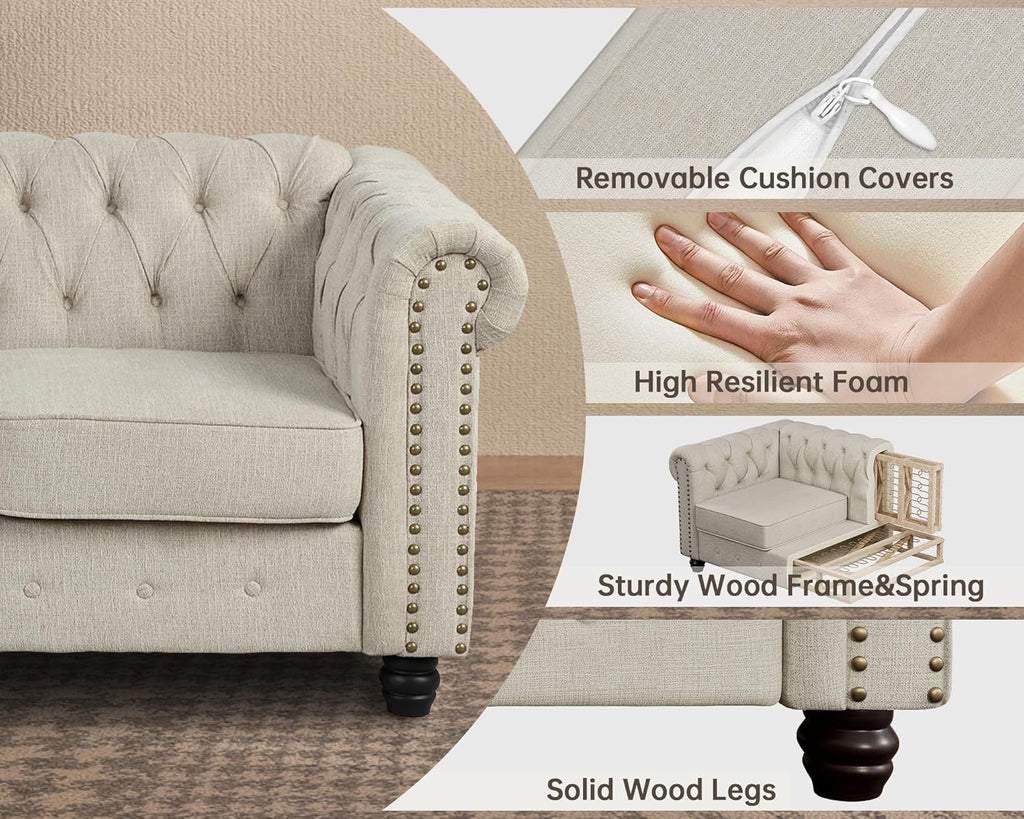 Morden Fort 2 Piece Classic Chesterfield 5-Seater Set, Tufted Loveseat & Sofa Furniture Solid Wood Legs Thick Cushion, Pet-Friendly Couch Set for Living Room Bedroom Apartment, Linen Beige