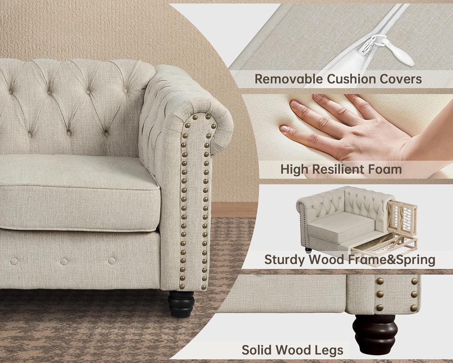Morden Fort 2 Piece Classic Chesterfield 5-Seater Set, Tufted Loveseat & Sofa Furniture Solid Wood Legs Thick Cushion, Pet-Friendly Couch Set for Living Room Bedroom Apartment, Linen Beige