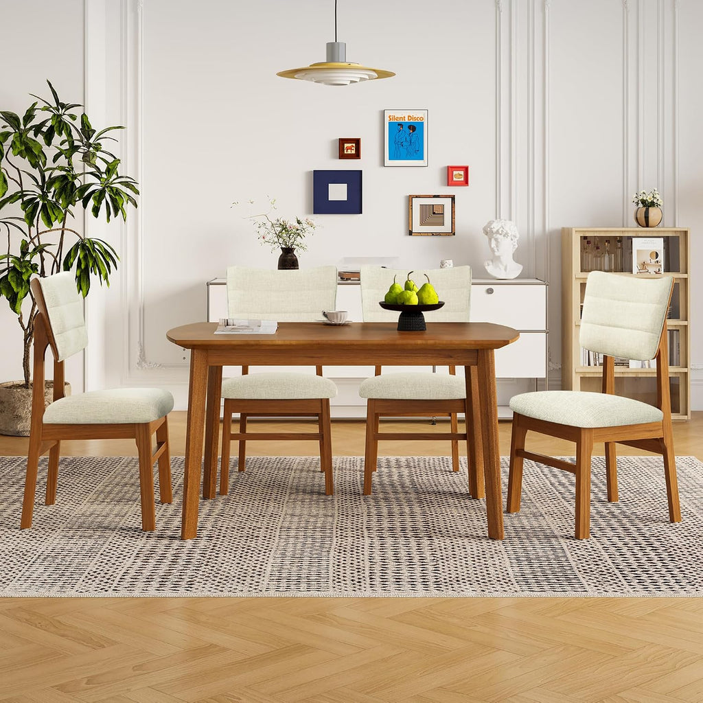 Merax 5 Piece Solid Wood Dining Table Set, Farmhouse Mid-Century Modern Table & 4 Upholstered Chairs for Home, Kitchen, Apartment, Space Saving, Brown+Biege