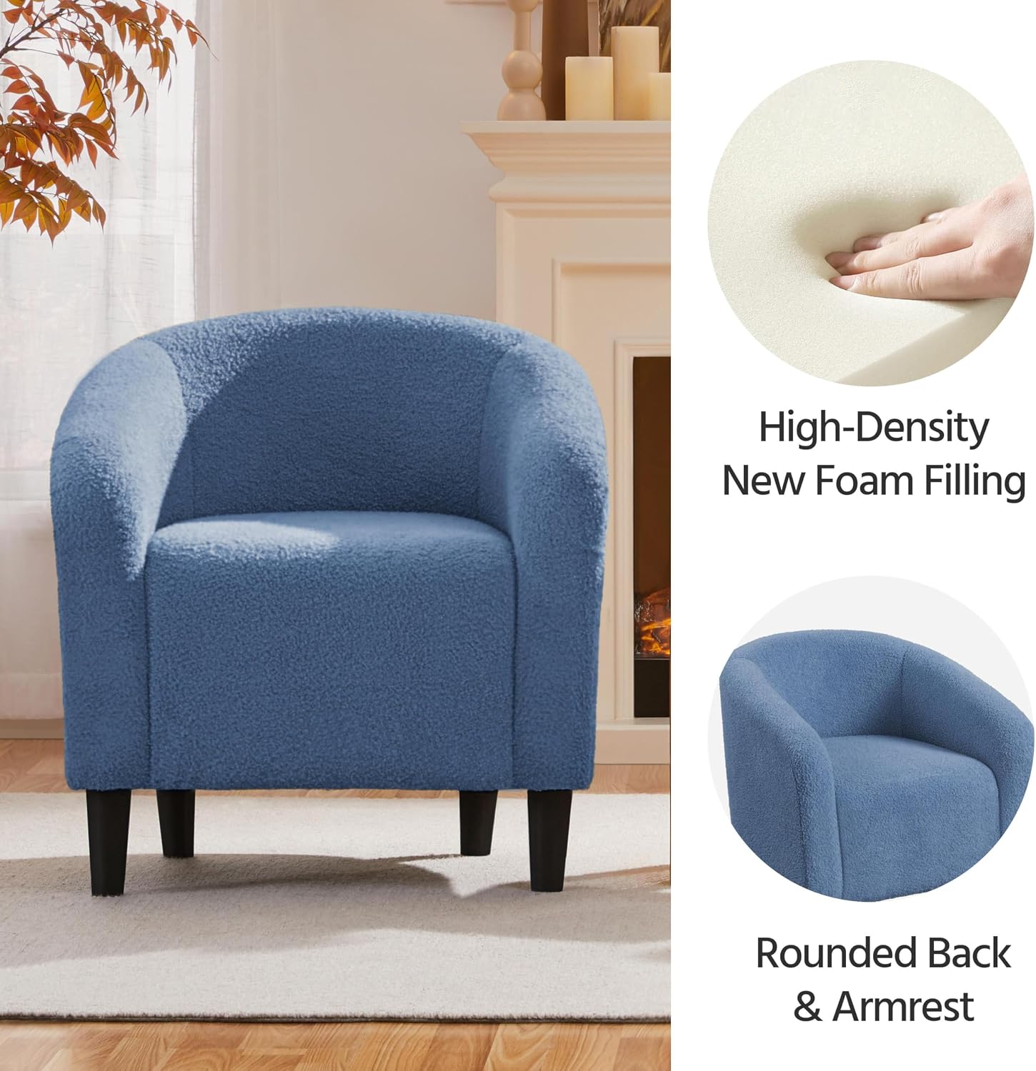 Yaheetech Accent Barrel Chair, Boucle Fabric Club Chair, Furry Sherpa Elegant Armchair with Cozy Soft Padded, Suitable for Living Room Bedroom Reception Room Office, Blue