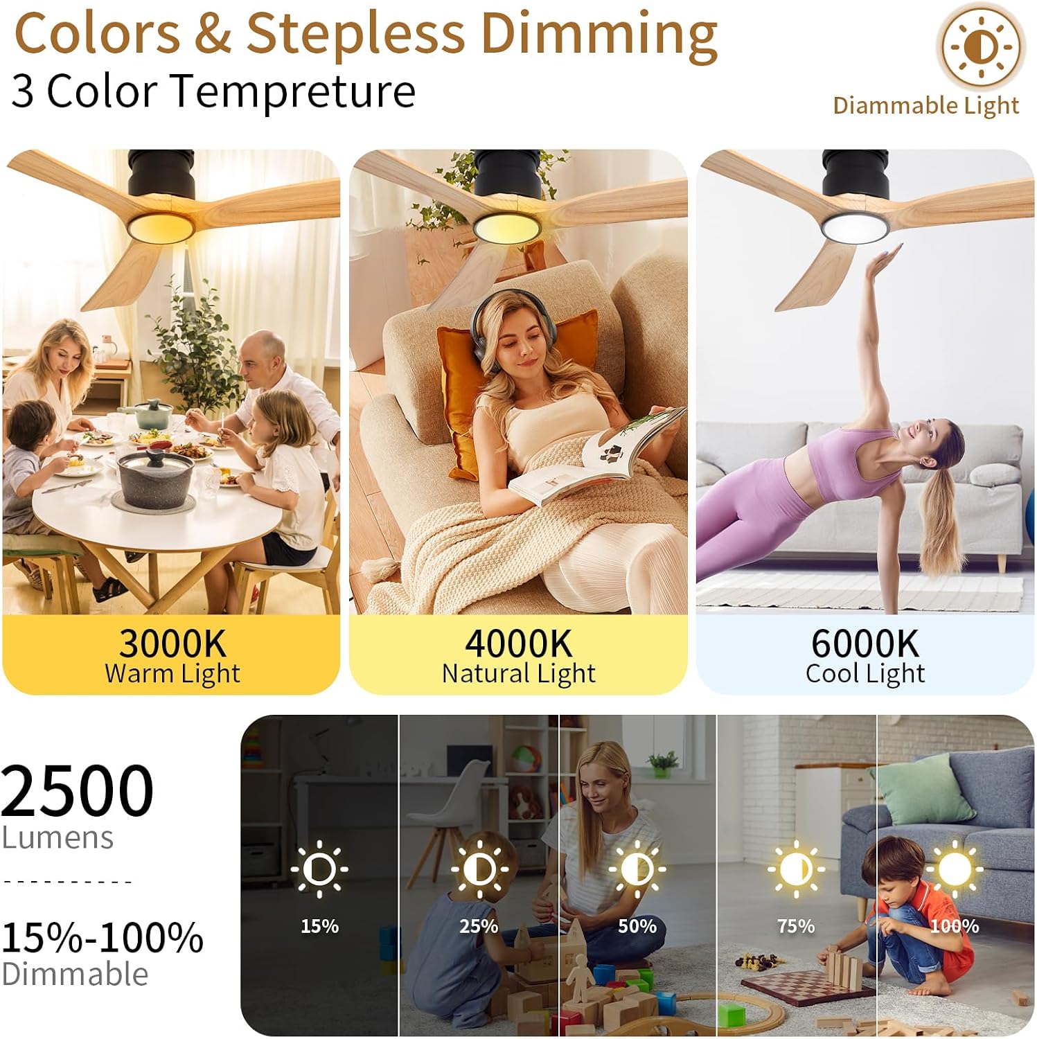 Ceiling Fan with Lights,52 Inch Wood Flush Mount Ceiling Fans with Remote Control,Dimmable Light,3 CCT,6 Speeds,Noiseless,Ceiling Fan for Bedroom,Living Room,Office,Indoor,Natural Wood and Black