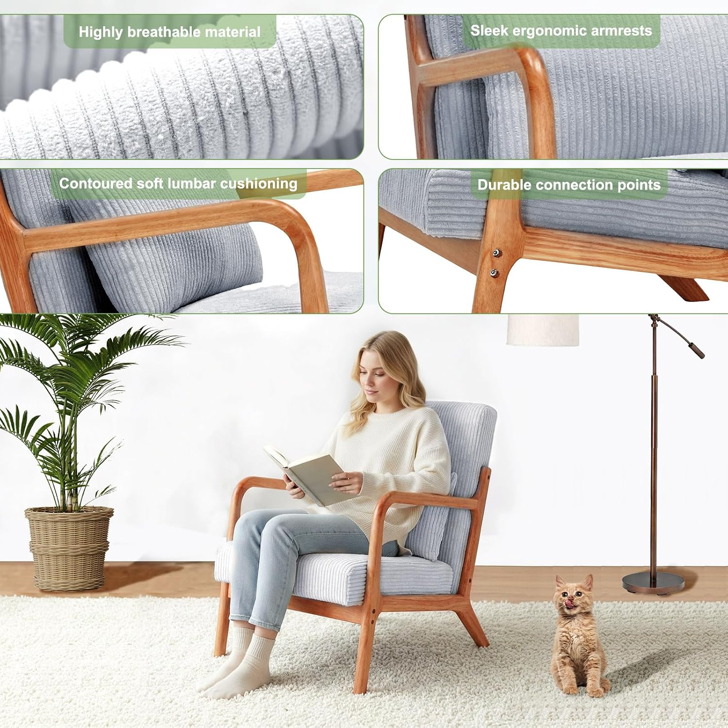 Mid Century Modern Accent Chair with Solid Rubberwood Frame, Comfy Corduroy Reading Armchair with Lumbar Pillow, Compact Lounge Chair for Bedroom, Nursery & Small Spaces, Light Grey