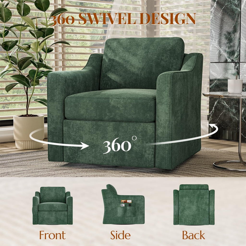 360° Swivel Accent Chair, Large Comfy Reading Chair, Square Single-Seat Armchair Upholstered Sofa with Fabric Material for Reading, Nursery, Living Room, Bedroom, Lounge, Hotel, Green