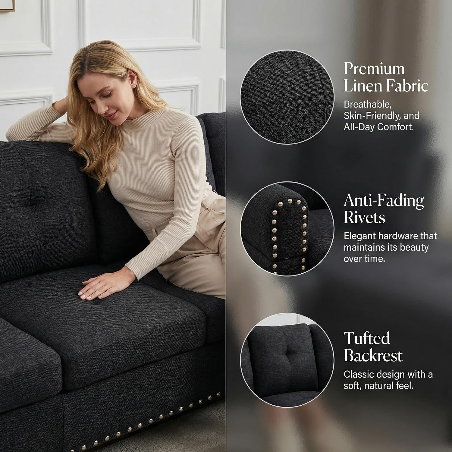 97.5' L Shaped Couch Set, Modular Sectional Couches for Living Room with Storage Ottoman, 4 Seat Home Sofa Living Room Furniture Sets with Chaise for Apartment Office (Linen, Dark Grey)