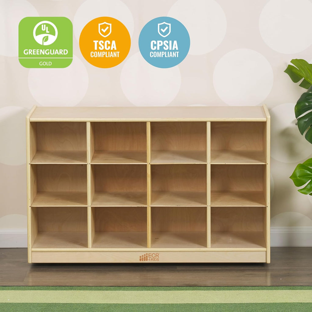 ECR4Kids 12 Cubby Mobile Tray Storage Cabinet, 3x4, Classroom Furniture, Natural