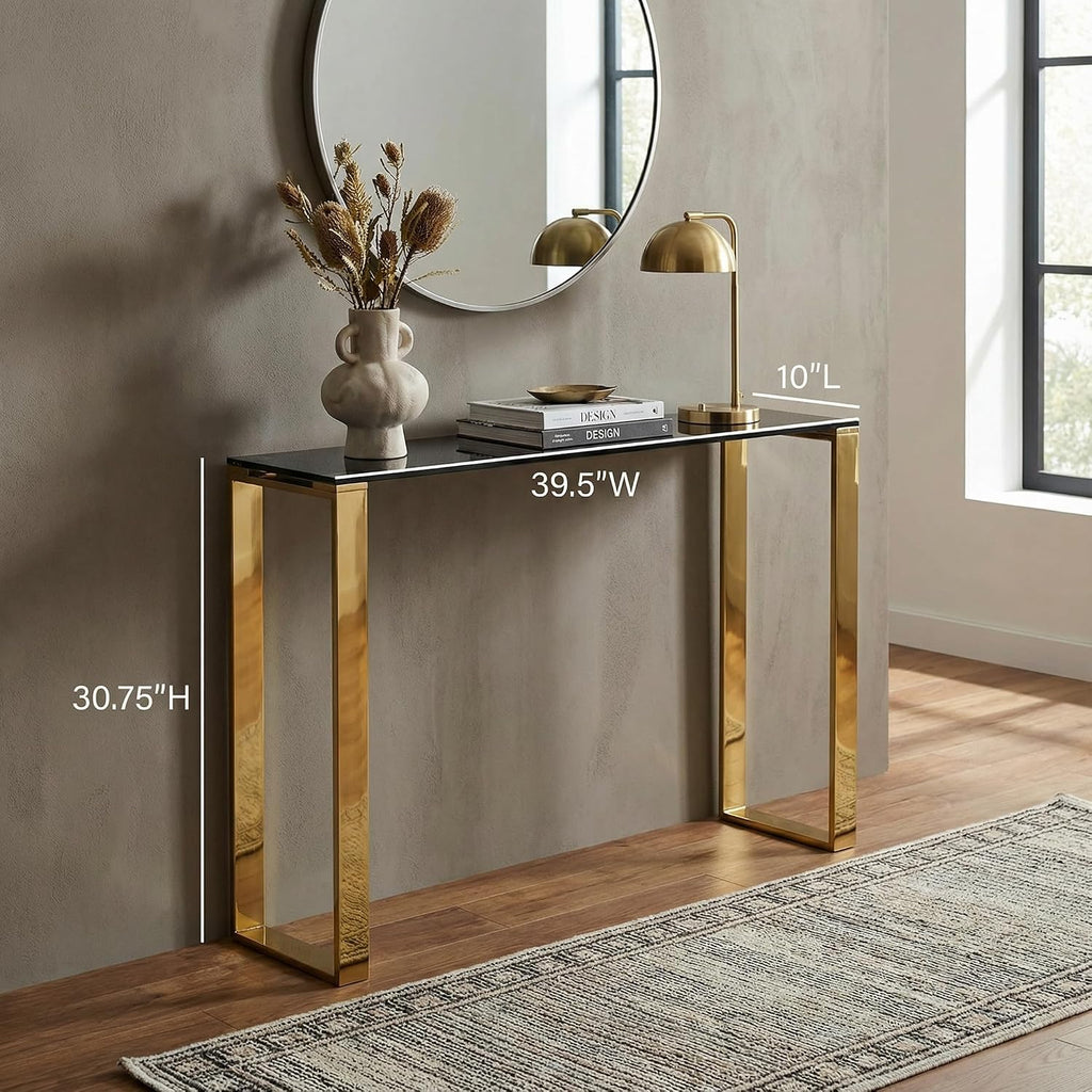 Cortesi Home Remini Narrow Contemporary Glass Console Table in Polished Gold Finish, Black Glass
