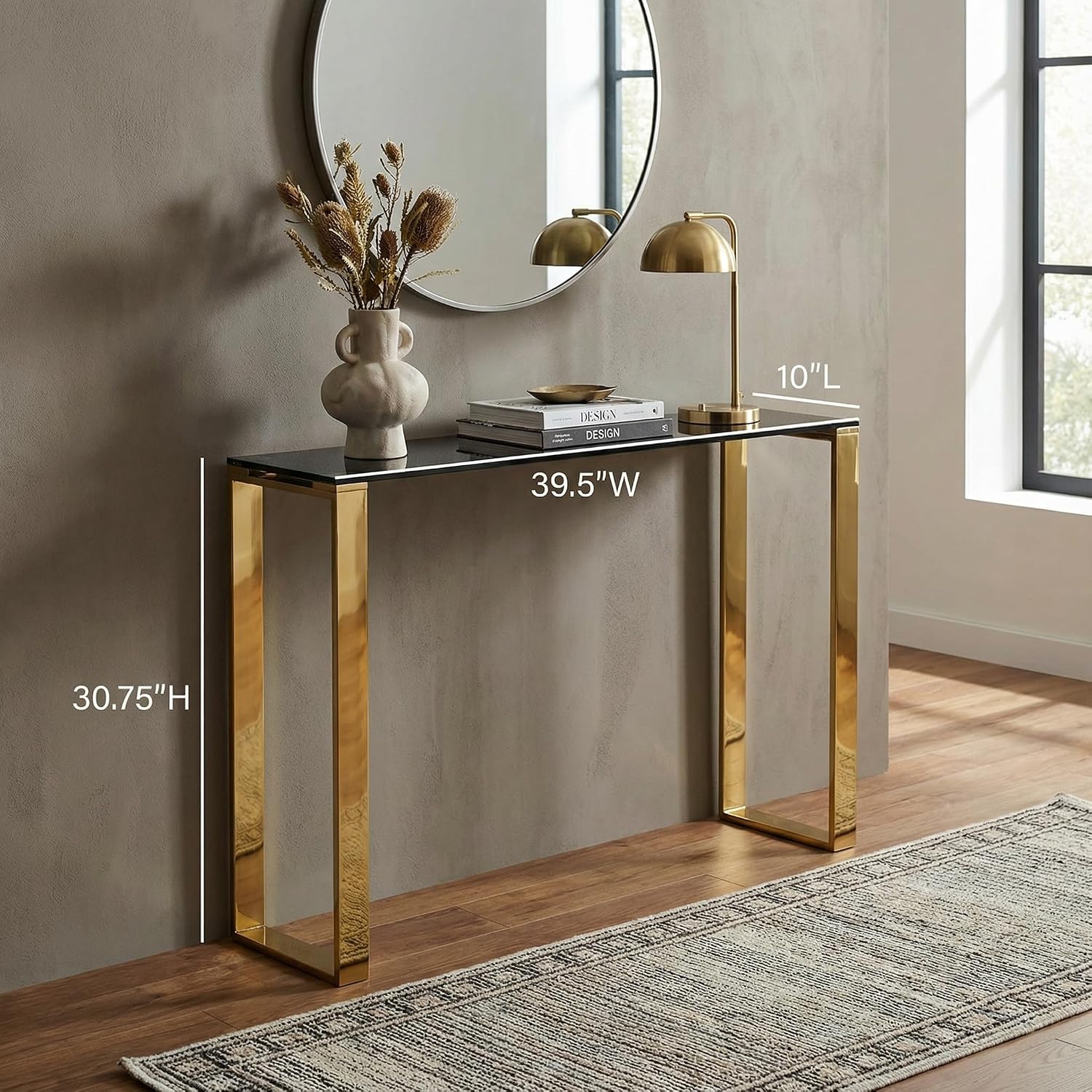 Cortesi Home Remini Narrow Contemporary Glass Console Table in Polished Gold Finish, Black Glass
