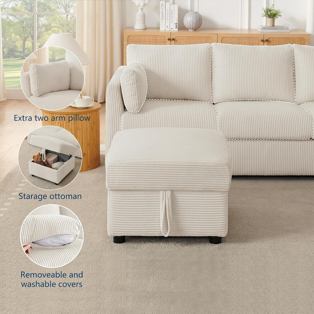 Mofolit 79' Small Couches with Storage Ottoman 3 Seat L Shaped Couch Sectional Sofa with Chaise Lounge for Apartment,Dorm,Bonus Room,Compact Spaces. (Beige, 3+OTT)