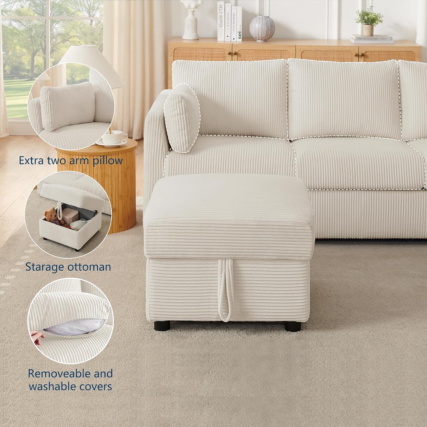 Mofolit 79' Small Couches with Storage Ottoman 3 Seat L Shaped Couch Sectional Sofa with Chaise Lounge for Apartment,Dorm,Bonus Room,Compact Spaces. (Beige, 3+OTT)