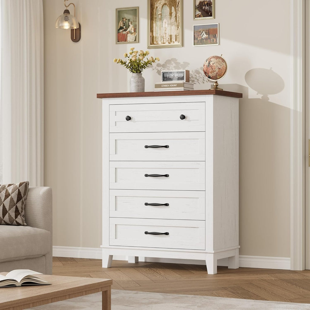 GarveeHome 5 Dresser for Bedroom, 41.3 in Tall Vertical Drawer Dresser with Large Storage, Freestanding Wooden Closet Chest for Bedroom, Living Room, White + Brown