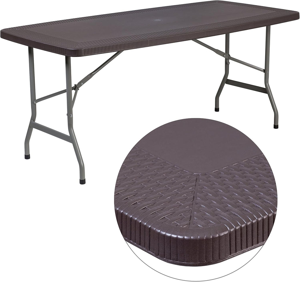 Flash Furniture Elon 5.62-Foot Brown Rattan Indoor-Outdoor Plastic Folding Table with Umbrella Hole