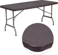 Flash Furniture Elon 5.62-Foot Brown Rattan Indoor-Outdoor Plastic Folding Table with Umbrella Hole