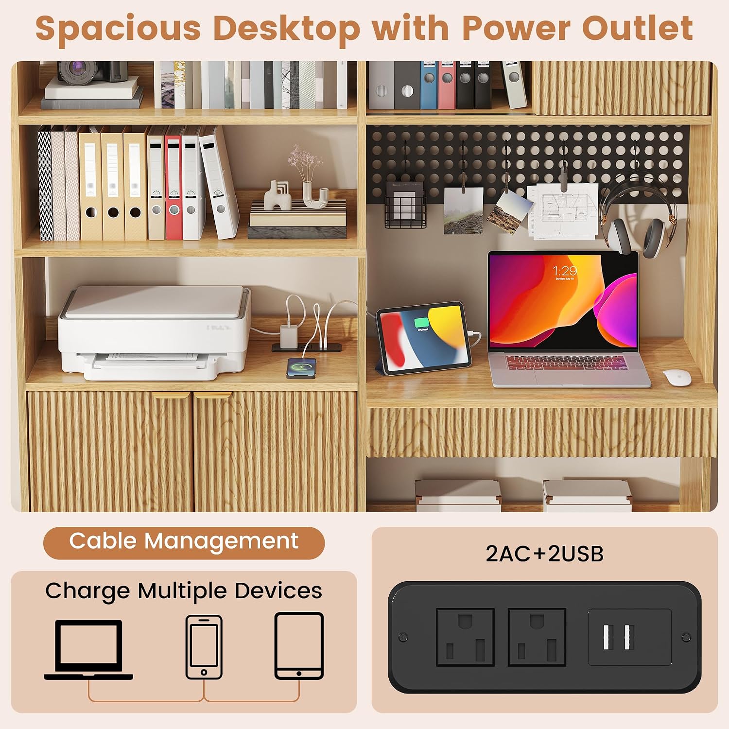 kepptory 63' Tall Computer Desk with Hutch, Fluted Wood Home Office Desk with Charging Station, Drawer & Storage Cabinet, Oak Workstation for Work & Study
