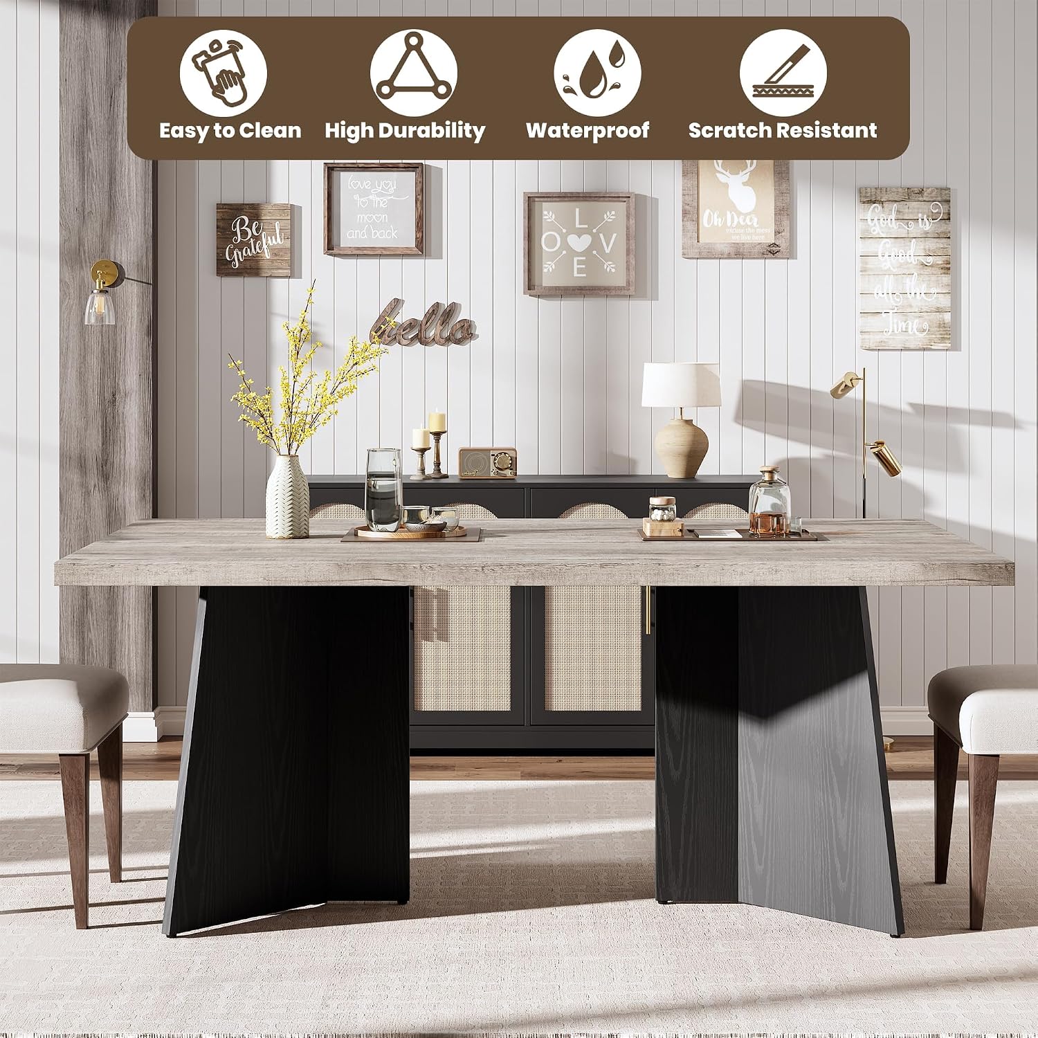 GarveeHome Dining Table for 6-8 People - 63' Modern Long Kitchen Table with Large Tabletop & Pedestal Legs, Dinner Table for Kitchen, Conference Room, Home, Grey & Black