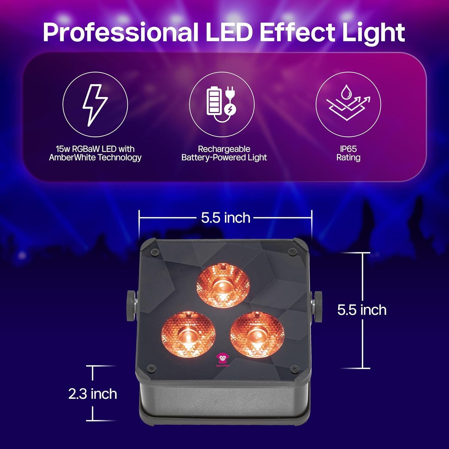 Ape Labs Maxi 2+ IP RGBaW LED Uplights with AmberWhite Technology, 29 Color Presets for Event & Wedding - IP65 Waterproof 14 hrs Rechargeable Battery with Wireless DMX App Control Set of 2