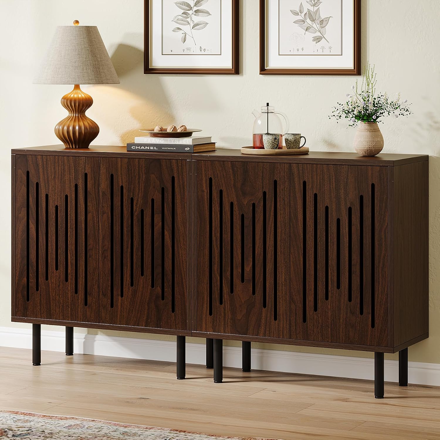 Tribesigns Set of 2 Sideboard Buffet with Storage, 59' Buffet Sideboard Cabinet with Adjustable Shelves, Accent Storage Cabinet for Living Room, Dark Brown