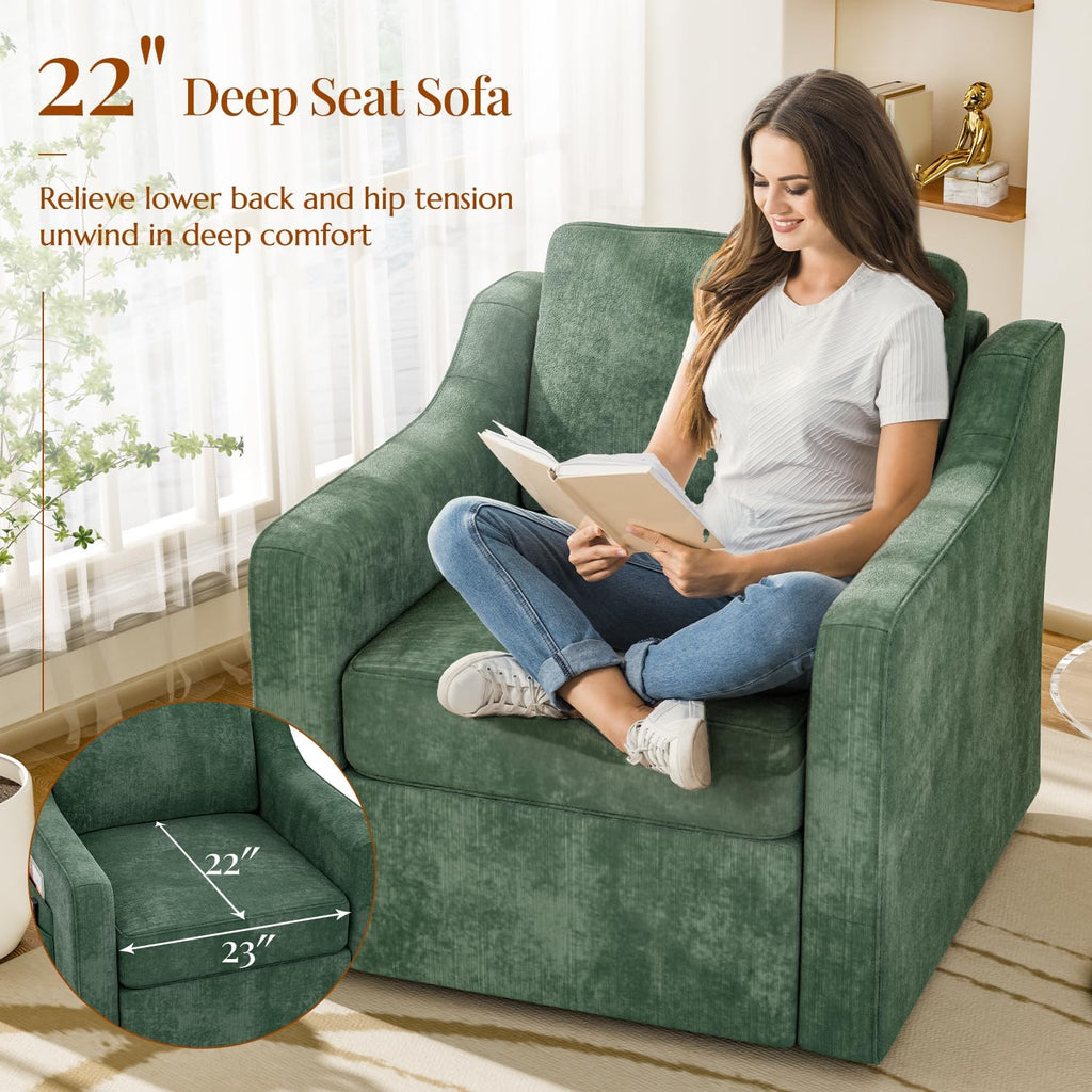 360° Swivel Accent Chair, Large Comfy Reading Chair, Square Single-Seat Armchair Upholstered Sofa with Fabric Material for Reading, Nursery, Living Room, Bedroom, Lounge, Hotel, Green