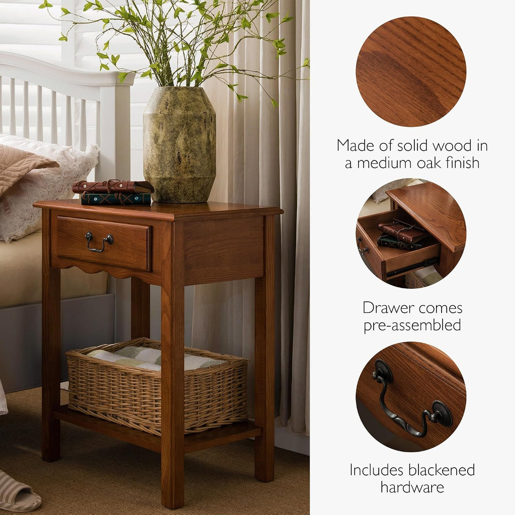 Salem Solid Wood Nightstand with Drawer and Shelf, Medium Oak Brown, Perfect for Bedrooms, Living Rooms, and Small Spaces – Leick Home, 9067-MED