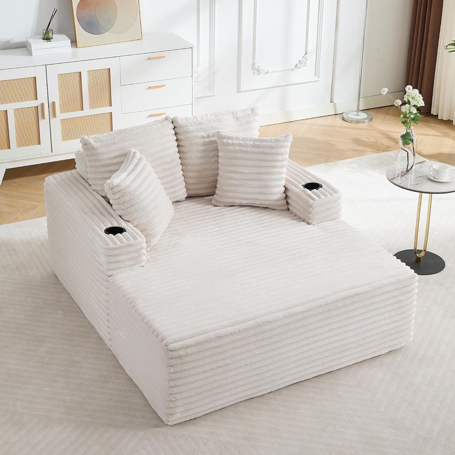 GarveeHome 64in Oversized Corduroy Fabric Bone-Free Sofa Bed Cloud Sofa with Cup Holders and Pillows Comfortable Deep-Seat Sleeping Sofa Chair Suitable for Apartments, Living Rooms, Bedrooms - Beige