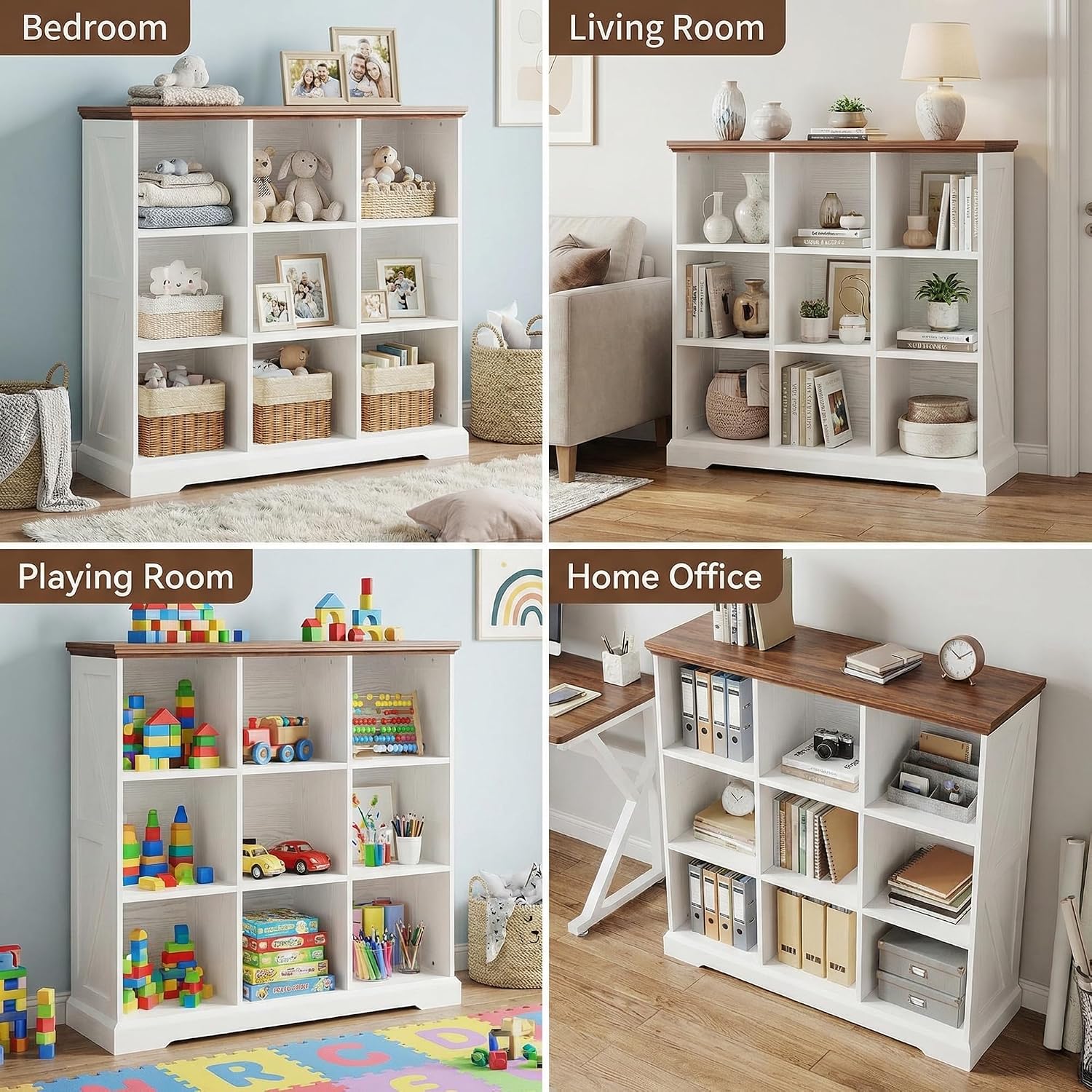 IRONCK Wooden 9 Cube Storage Organizer, Cube Shelf Organizer with Storage, Farmhouse Short Bookshelf for Bedroom, Living Room and Home Office, White