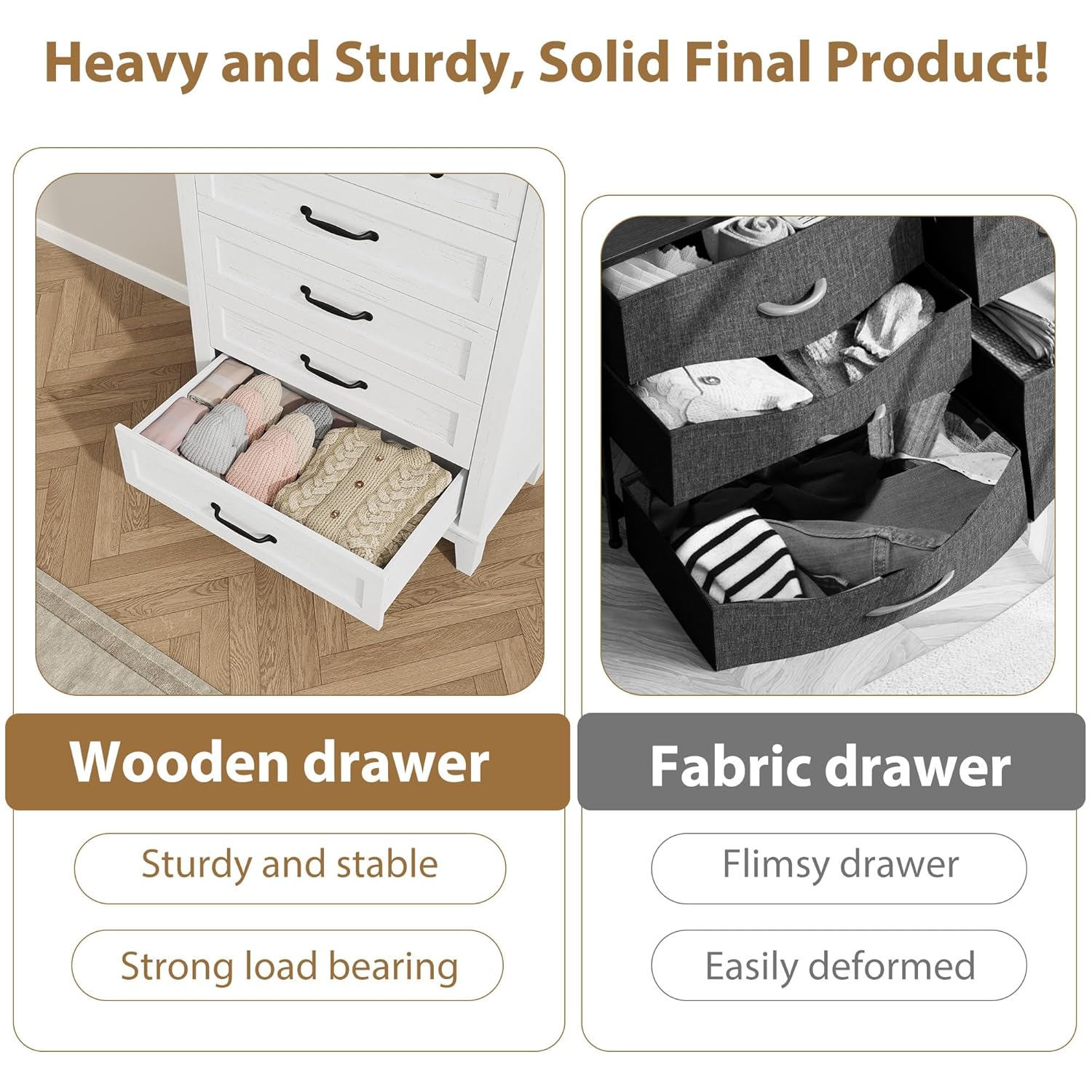 GarveeHome 5 Dresser for Bedroom, 41.3 in Tall Vertical Drawer Dresser with Large Storage, Freestanding Wooden Closet Chest for Bedroom, Living Room, White + Brown