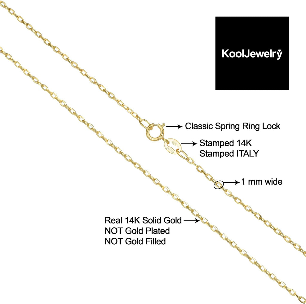 Kooljewelry 14k Yellow Gold Diamond-Cut Cable Chain Necklace For Women - Real Gold (choose 1mm or 1.3mm thick - sizes from 14 to 20 inch)