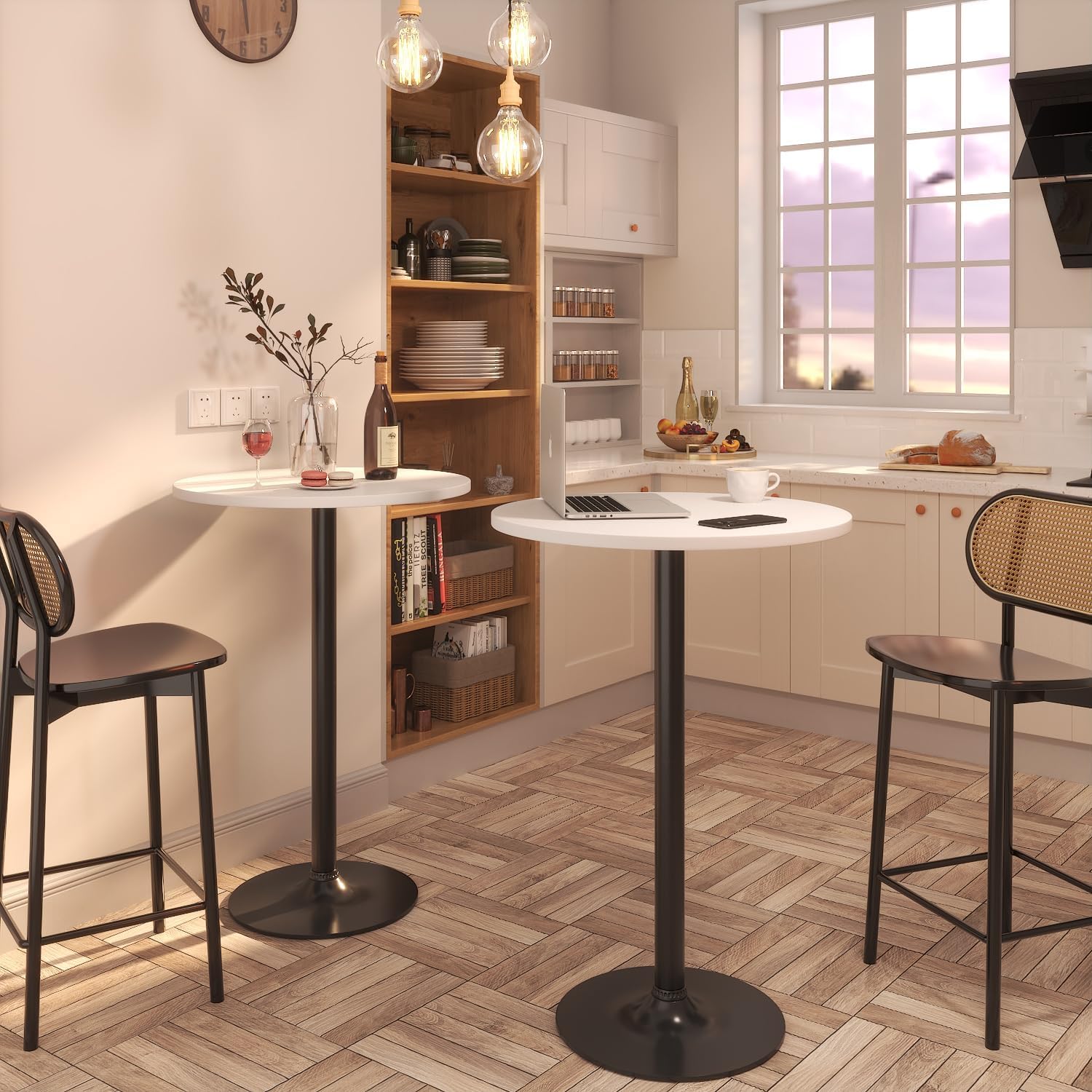 Furmax Bistro Pub Table Round Bar Height Cocktail Table for Home Bar, Round Bar Tables for Party, Dining Room, Living Room and Wedding, Metal Base MDF Top, 40.6 Inch Height (4, White-1)