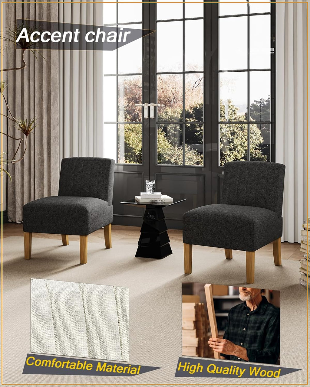VIRRMO Armless Accent Chairs Set of 2 for Living Room, Modern Slipper Chair Living Room Chairs with Solid Wood Legs, Makeup Vanity Chair Fabric Comfy Upholstered Arm Chair Accent Chair,Black