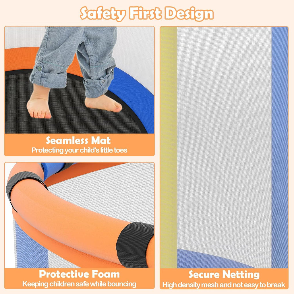 OLAKIDS 55' Trampoline for Kids, Indoor Outdoor Adjustable Toddler Trampoline with Safety Enclosure Net, Baby Recreational Trampolines with Basketball Hoop Hammock Boxing Bag Gymnastic Bar Rings