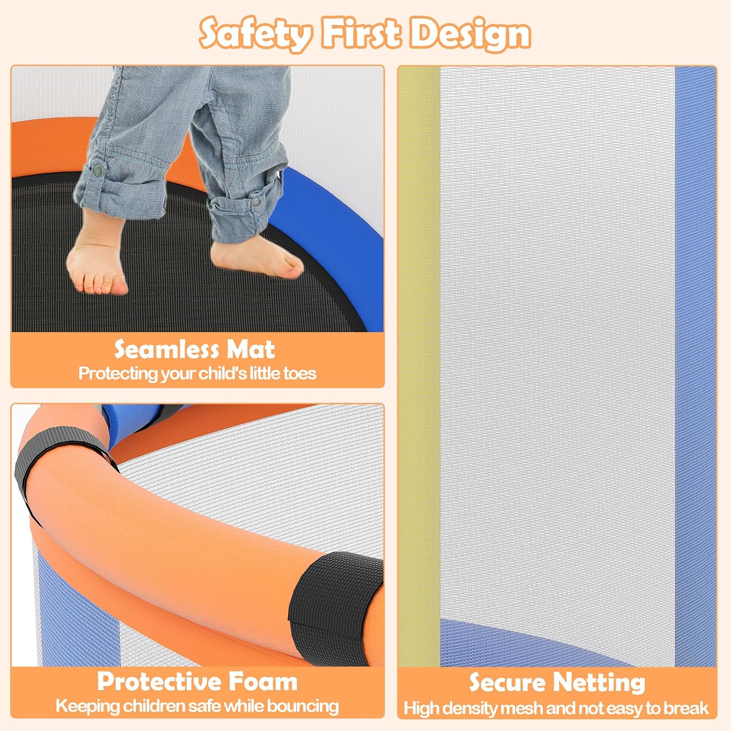 OLAKIDS 55' Trampoline for Kids, Indoor Outdoor Adjustable Toddler Trampoline with Safety Enclosure Net, Baby Recreational Trampolines with Basketball Hoop Hammock Boxing Bag Gymnastic Bar Rings