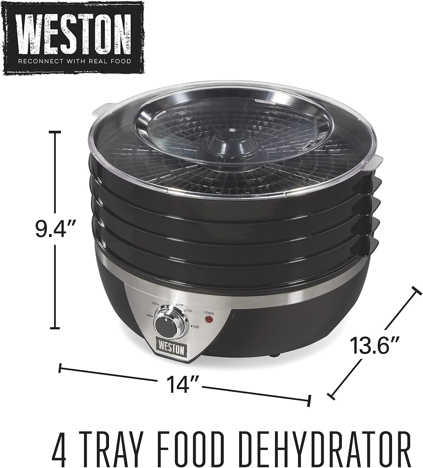 Weston Food Dehydrator Machine for Jerky, Fruit, Meat, Herbs, Vegetables, with Temperature Control (100-160F), 4 Stackable Trays (3 Sq. Ft.), Black & Stainless Steel Accents (75-0640-W)