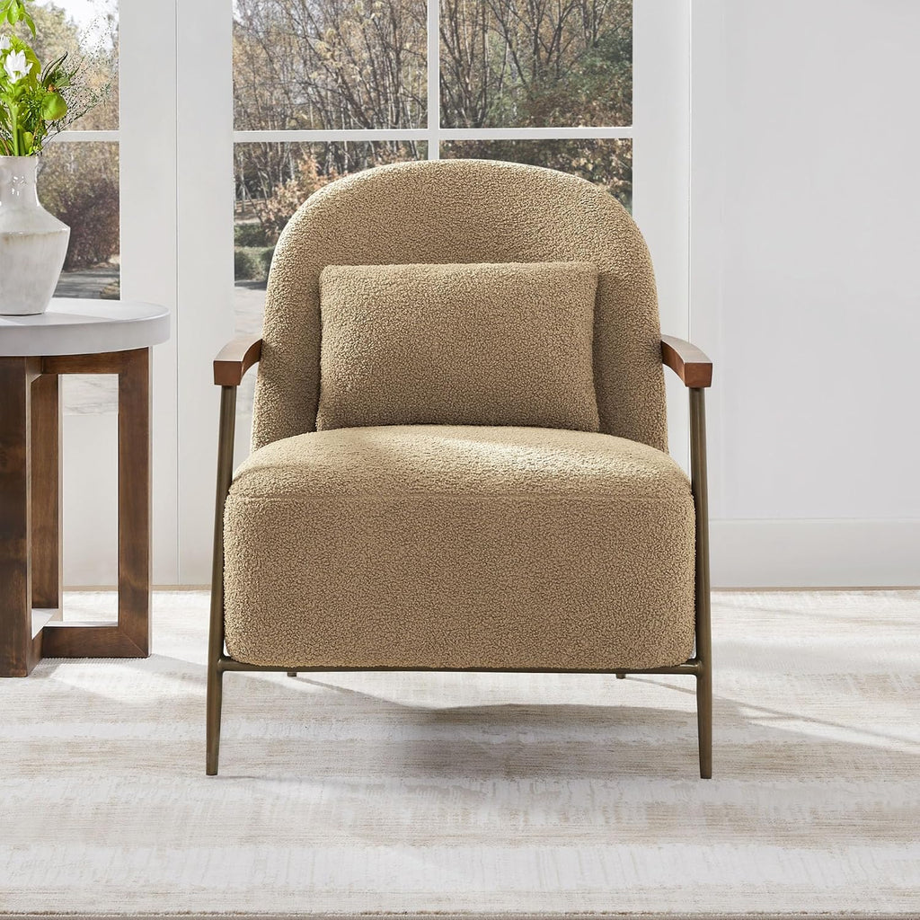 CHITA Accent Chair for Living Room Set of 2, FSC Certified Modern Upholstered Faux Sherpa Fabric Armchair with Metal Frame and Wooden Armrests, Camel