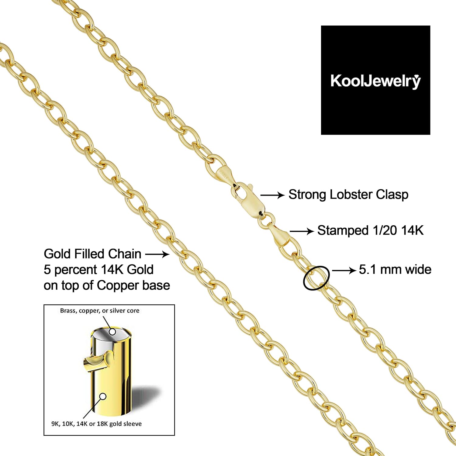 Solid 14k Yellow Gold Filled 5.1 mm Oval Cable Link Chain Necklace for Men and Women